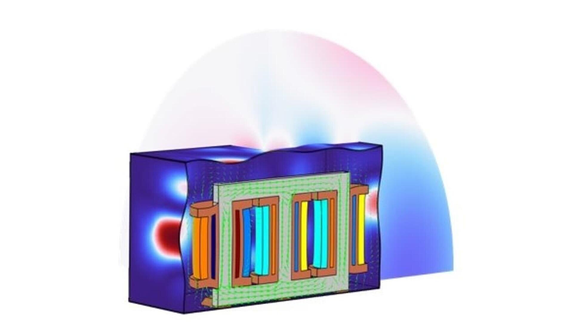 A 3D visualization of an electromagnetic component, showing coils inside a rectangular block with colorful magnetic field lines and a gradient light pattern radiating outward.