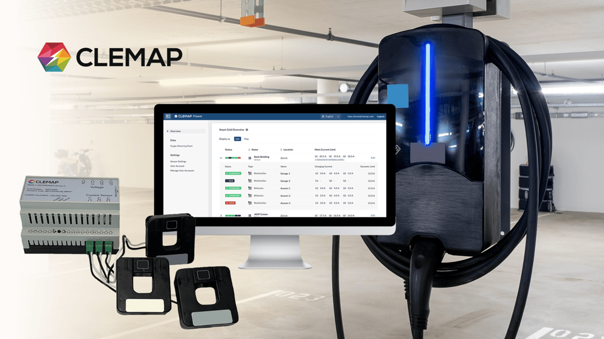 Ein CLEMAP-Logo, eine Software-Schnittstelle auf einem Monitor, elektrische Sensoren und eine Ladestation für Elektrofahrzeuge sind in einer Parkgarage zu sehen. Das Bild zeigt Lösungen für Energiemanagement und das Laden von Elektrofahrzeugen.