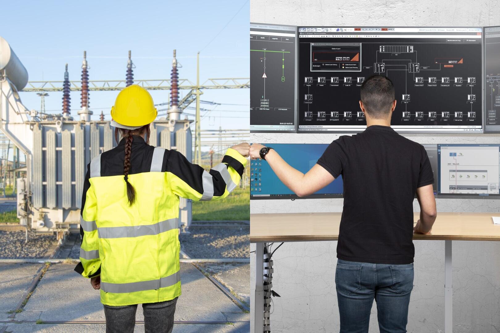 Eine Frau mit Schutzhelm und reflektierender Jacke steht in einem Umspannwerk im Freien, während ein Mann in einem Gebäude große Computerbildschirme bedient, auf denen Diagramme von elektrischen Anlagen angezeigt werden.