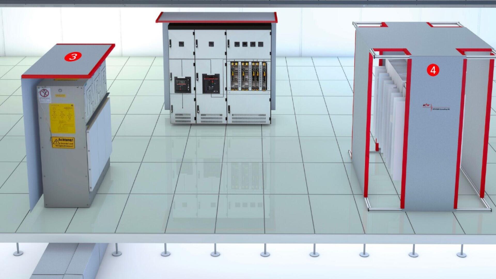 Three electrical cabinets are displayed in a clean, modern room with tiled floors. Each cabinet is labeled with large red numbers: 3 on the left, and 4 on the right, with another cabinet and equipment in the center.