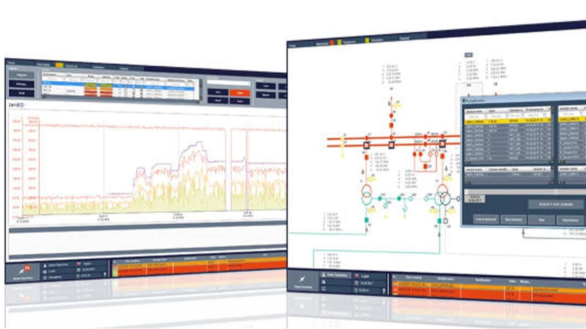 Two computer screens display technical software interfaces, including a line graph with multiple colored data lines and a schematic diagram with tables and detailed technical information.