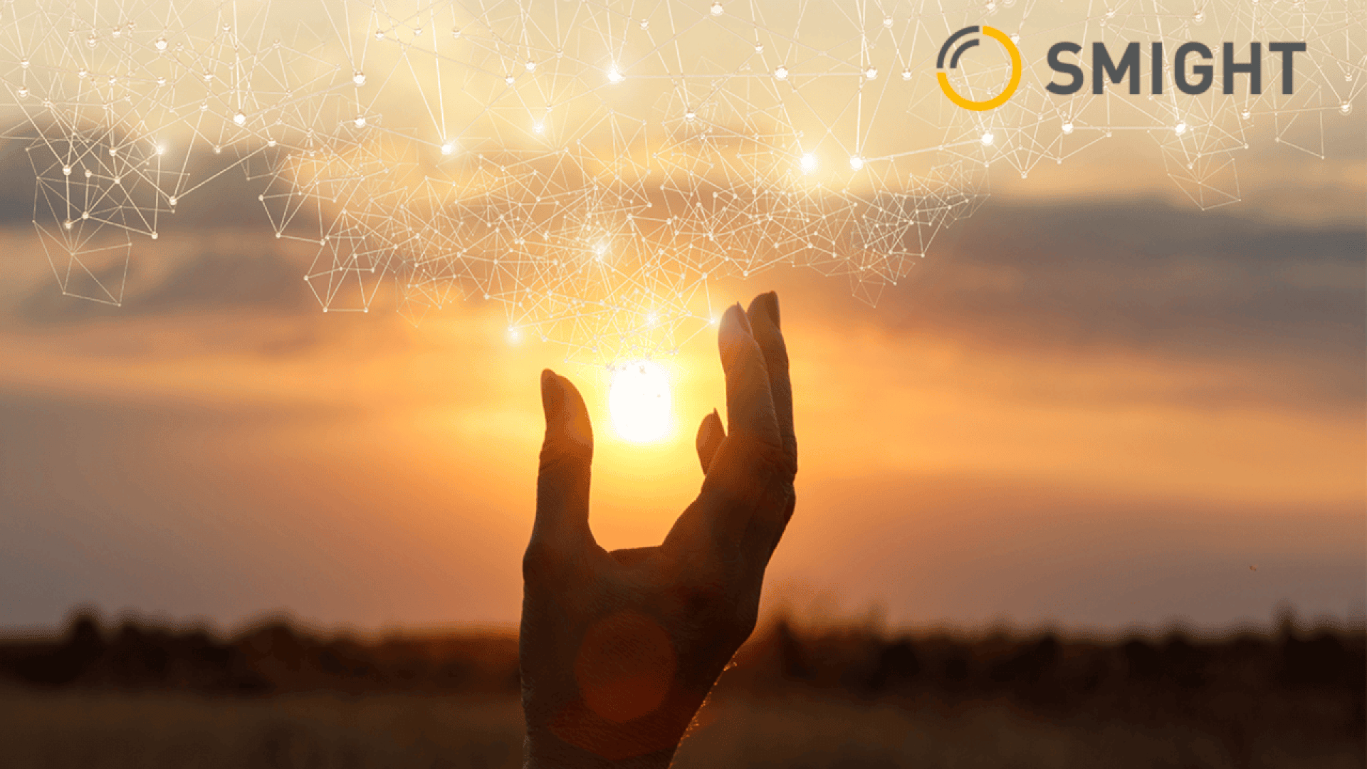 A hand reaches toward the setting sun with digital network lines and points overlaying the sky. The SMIGHT logo is in the top right corner.