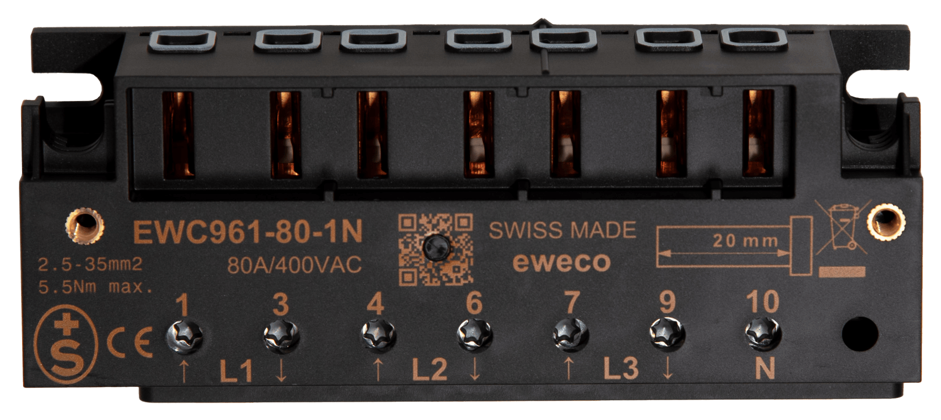 Nahaufnahme einer schwarzen elektrischen Klemmleiste mit der Bezeichnung EWC961-80-1N mit nummerierten Anschlusspunkten, Kupferklemmen und technischen Daten auf der Vorderseite.