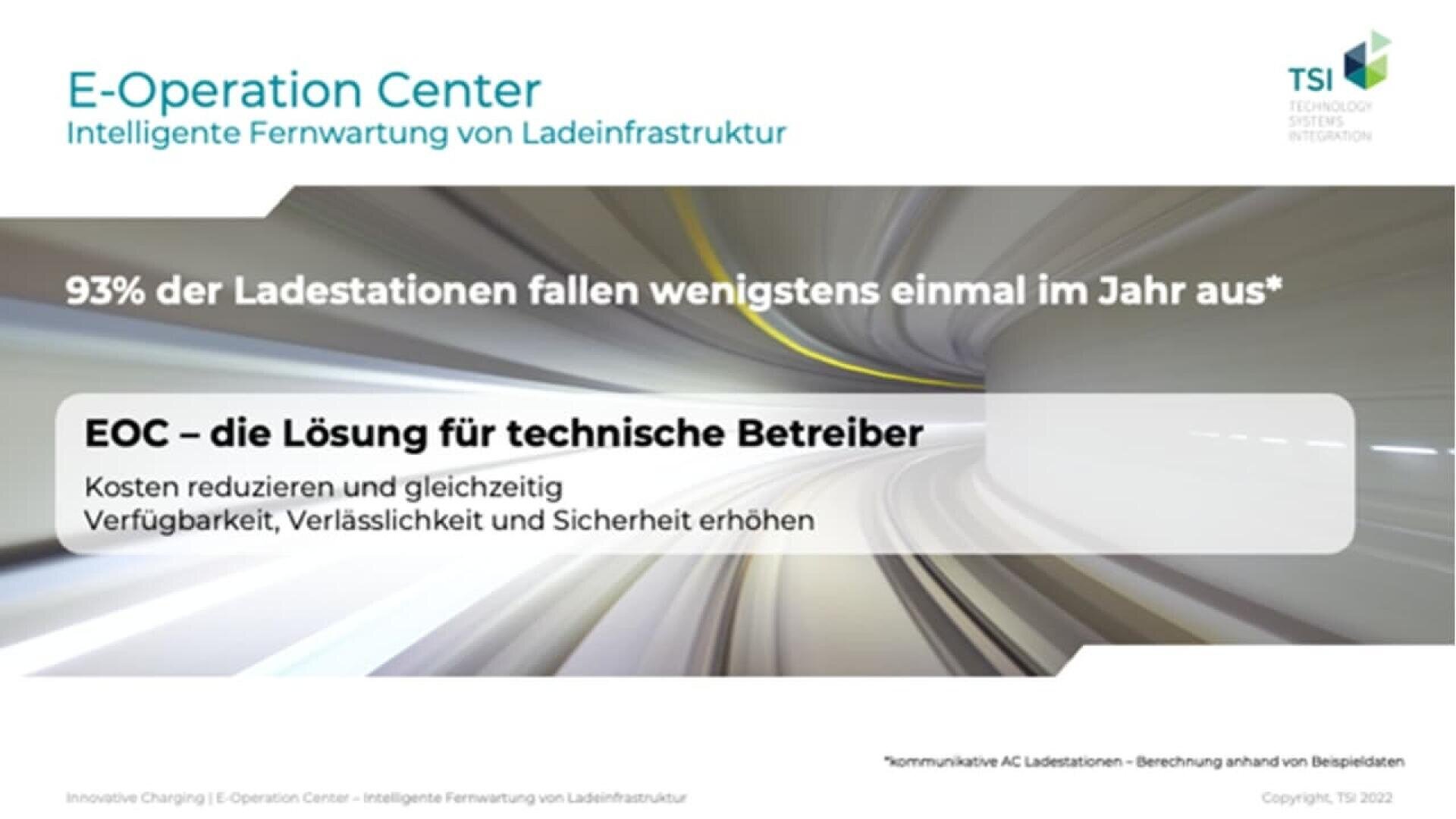 A digital presentation slide for TSI’s E-Operation Center shows a high-speed tunnel graphic. Text highlights that 93% of charging stations fail at least once a year and promotes EOC as a solution for technical operators.
