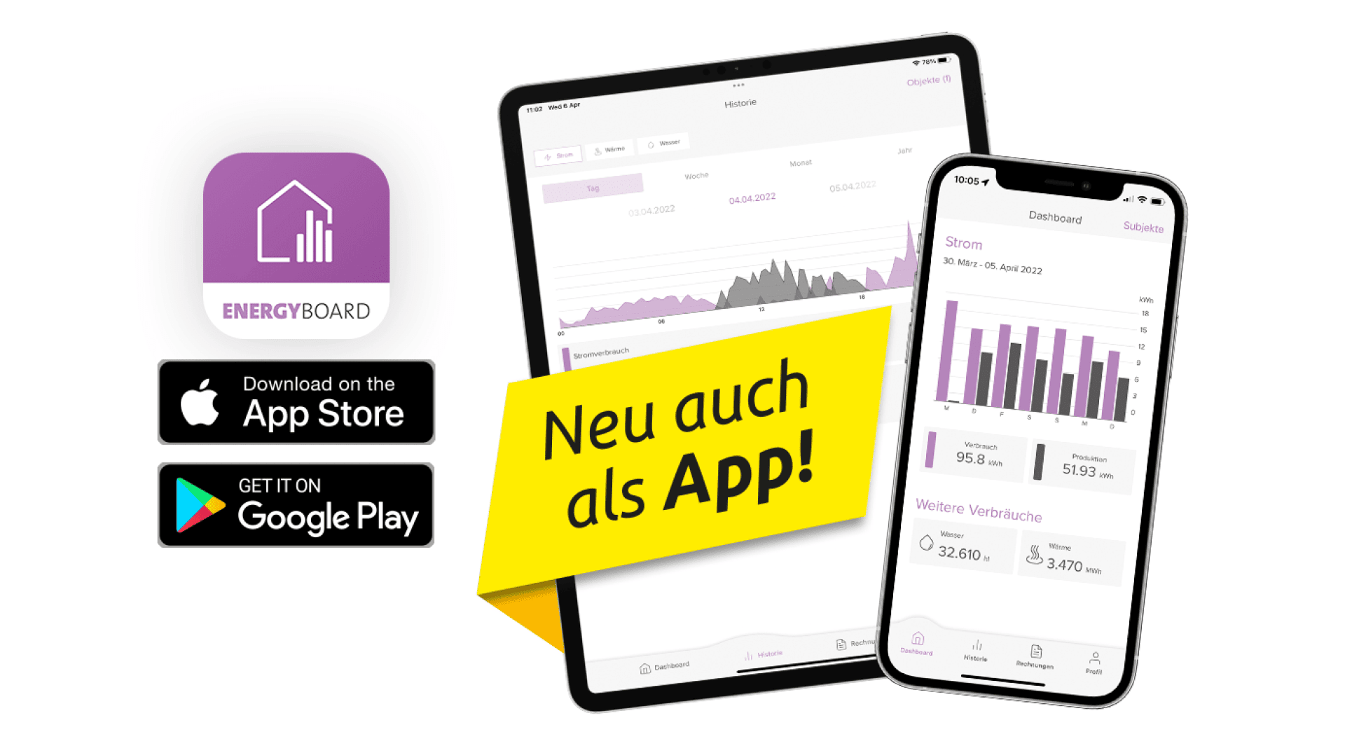 Tablet und Smartphone, die die ENERGYBOARD-App mit Diagrammen zum Energieverbrauch anzeigen. App-Logo und Icons zum Download im App Store und bei Google Play. Der deutsche Text lautet Neu auch als App! (Jetzt auch als App!).