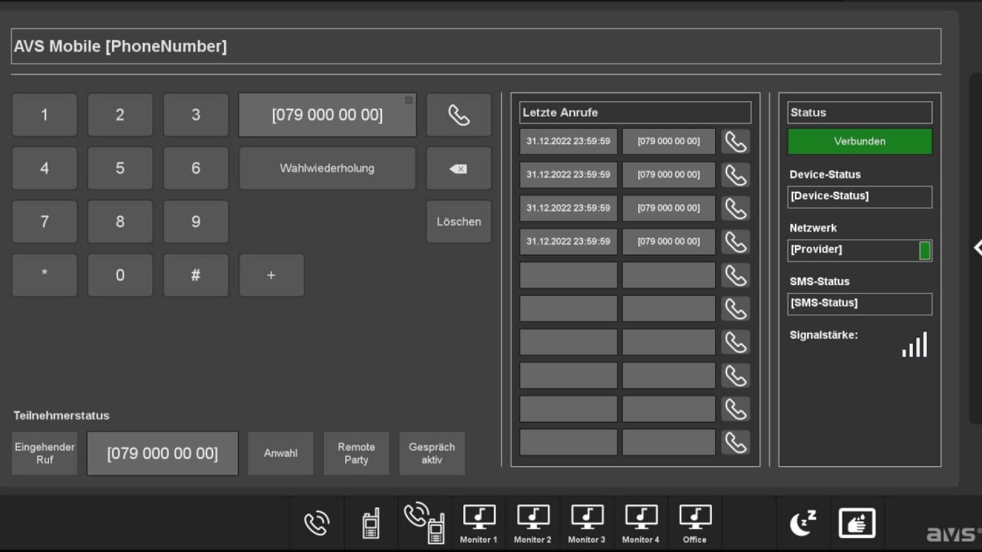 A digital phone interface displays a dial pad, recent calls list, call status indicators, and multiple control buttons for functions like dialing, remote party, and conversation management.
