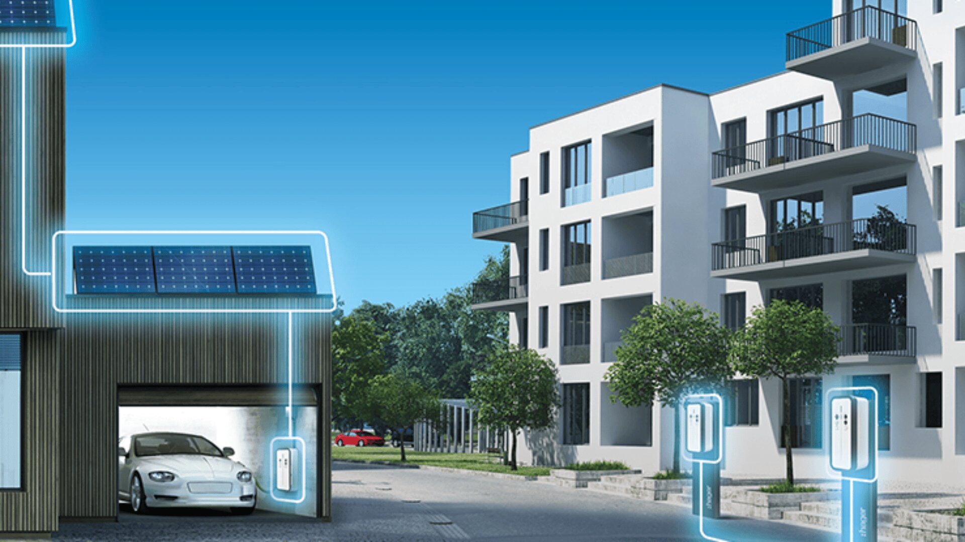 Moderne Mehrfamilienhäuser mit Balkonen und Bäumen, mit Sonnenkollektoren auf den Dächern und Ladestationen für Elektrofahrzeuge, mit einem weißen Auto, das in einer Garage unter Sonnenkollektoren geparkt ist. Blaue Linien markieren Energieverbindungen.