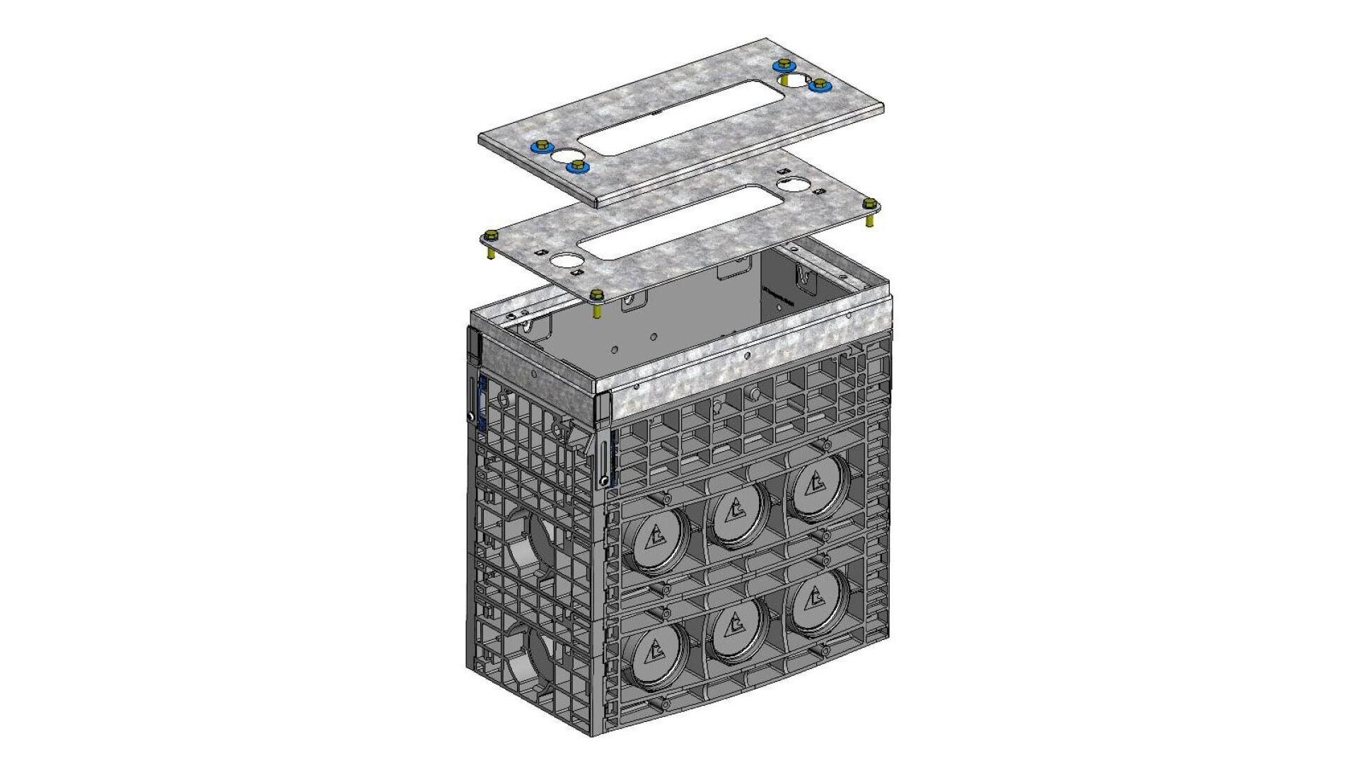 Eine technische 3D-Illustration eines Metallgehäuses mit drei sichtbaren Lüftern und einer offenen Oberseite, die eine abgenommene perforierte Abdeckplatte zeigt, die von vier Schrauben gehalten wird.