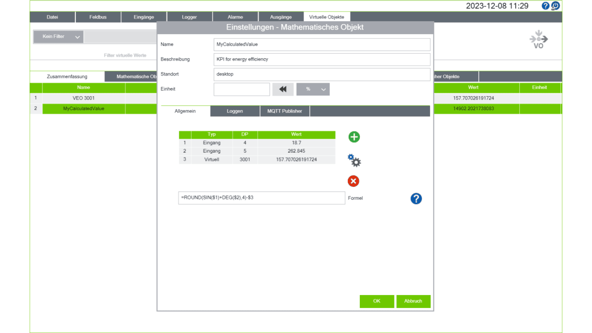 A computer screen displays a software interface in German for configuring a mathematical object, showing input fields, options, and a data table with entries for energy, cost, and totals. The screen has green, gray, and white sections.
