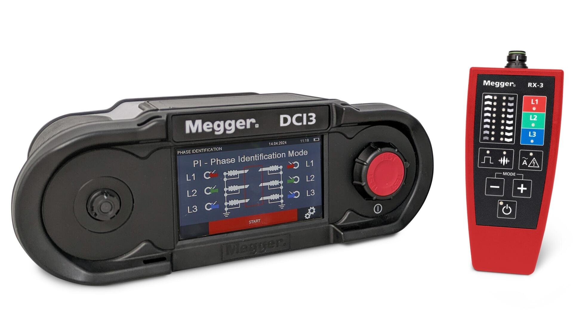 Two electronic devices: a black Megger DCI3 device with a color display and red scale and a smaller red Megger RX-3 device with indicator lights and buttons. Both are used for electrical testing and diagnostics.