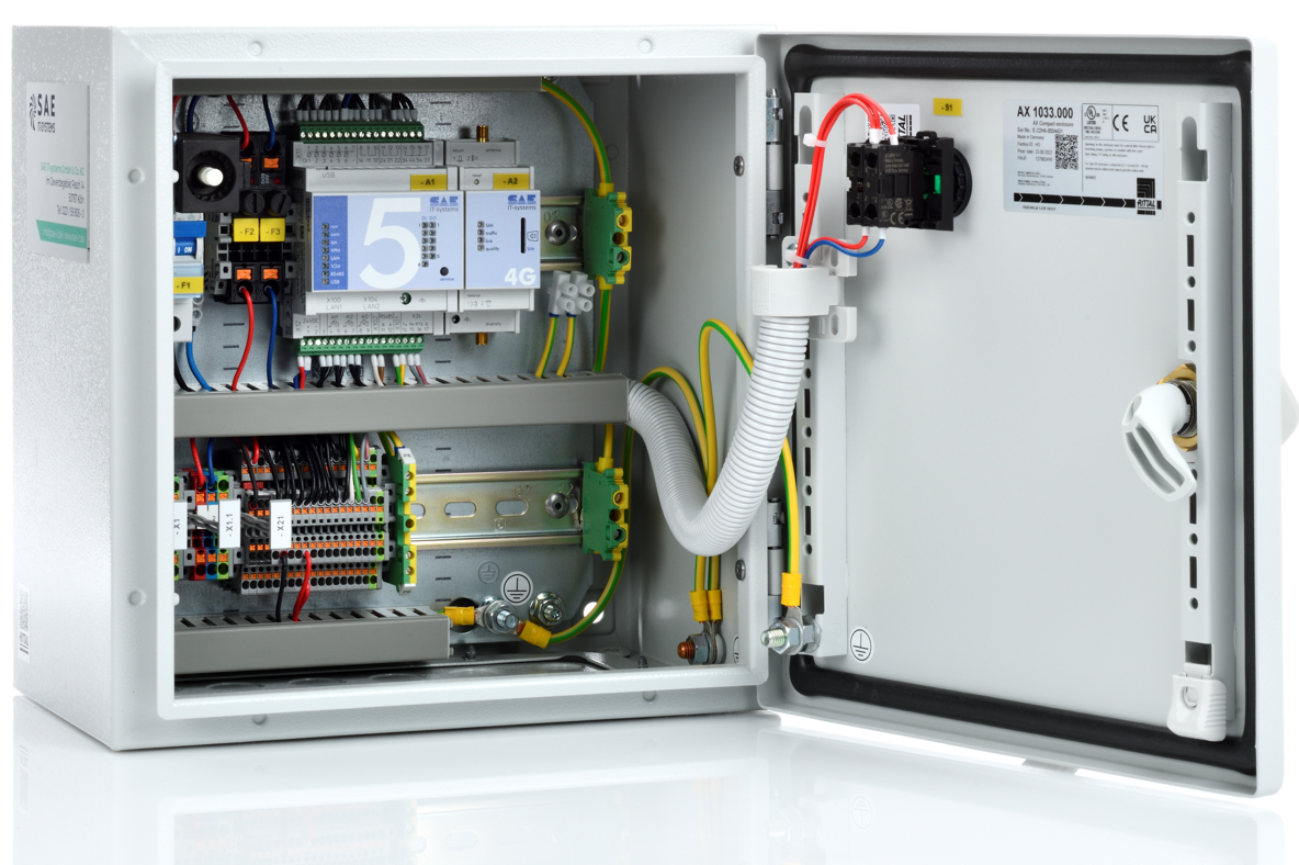 Geöffnete elektrische Schalttafel mit verschiedenen Drähten, Leiterplatten, Steckern, einem weißen flexiblen Kabelkanal und beschrifteten Bauteilen, die im Inneren und an der Innentür angebracht sind.