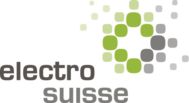 Das Logo zeigt den Schriftzug electro suisse in grauen Kleinbuchstaben, daneben ein kreisförmiges Muster aus grünen und grauen Quadraten mit unterschiedlicher Deckkraft.