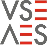 Die großen grauen Buchstaben VS und ES sind vertikal gestapelt. VS steht oben aufrecht, ES ist unten spiegelverkehrt. Drei horizontale rote Linien erscheinen neben jeder Buchstabengruppe.