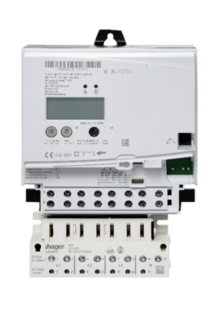 A digital electricity meter with a display screen and multiple labeled connection ports, mounted above a circuit breaker unit. The device has various buttons, barcodes, and printed technical information visible on the front.