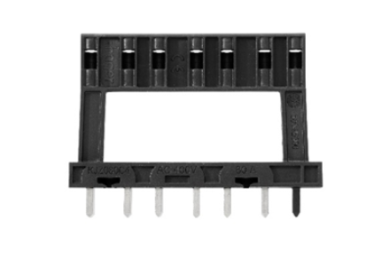 Black plastic electrical connector with six metal pins at the bottom and a rectangular opening in the center, used for connecting electronic components.