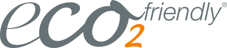 Logo mit grau-orangefarbenem Schriftzug eco2friendly in Kleinbuchstaben