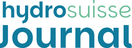 Logo mit blauem und grünem Schriftzug hydrosuisse journal in Kleinbuchstaben