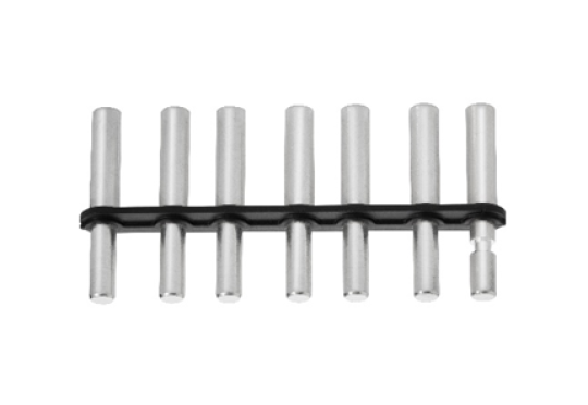 Eight silver cylindrical metal pins aligned vertically, held together by a black horizontal plastic strip near their base, against a white background.