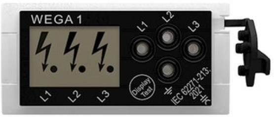 Ein rechteckiges elektronisches Gerät mit der Bezeichnung WEGA 1 mit einem Bildschirm, auf dem drei Blitzsymbole über Punkten mit den Bezeichnungen L1, L2 und L3 sowie vier runde Tasten auf der rechten Seite des Bildschirms angezeigt werden.