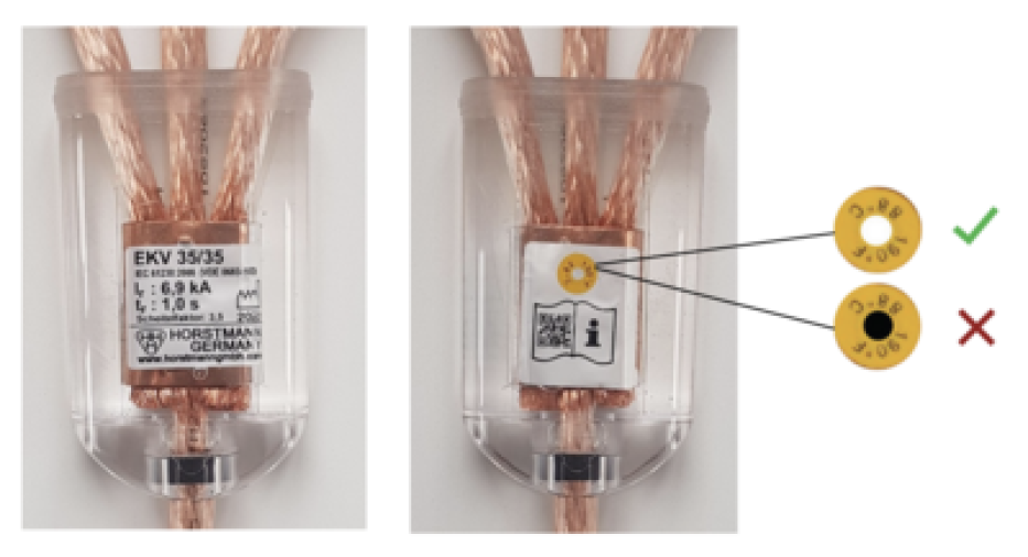 Zwei Nahaufnahmen eines elektrischen Bauteils; das linke Bild zeigt ein Etikett mit Spezifikationen, das rechte eine gelbe Plombe mit Diagrammen, die die richtige (gelb) und falsche (schwarz) Ausrichtung angeben.