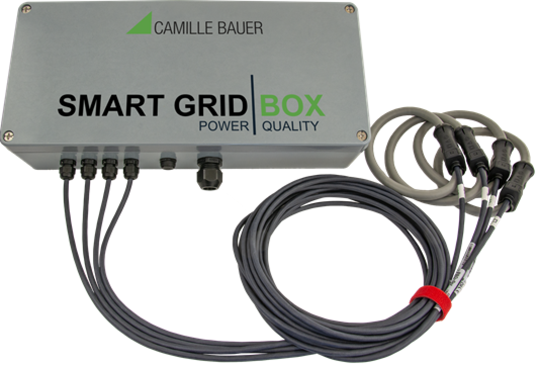 A rectangular metal device labeled CAMILLE BAUER SMART GRID BOX POWER QUALITY with five cables connected on the left and three looped cables secured with a red strap on the right.