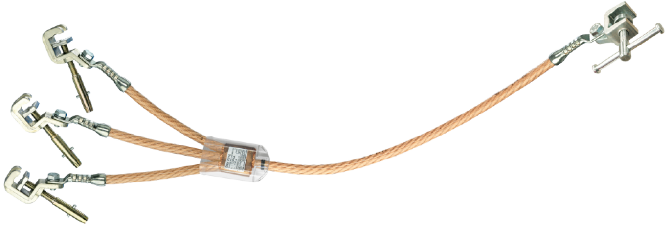 Ein Kupfer-Erdungskabel mit vier Metallklemmen an einem Ende und einer einzelnen Klemme am anderen Ende, das für die elektrische Erdung und Sicherheit verwendet wird.