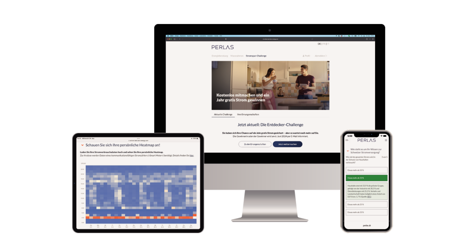 Auf einem Computermonitor, einem Tablet und einem Smartphone werden verschiedene Bildschirme einer Website angezeigt, darunter Diagramme, eine Anmeldeseite und eine Homepage mit zwei Personen, was das responsive Webdesign demonstriert.